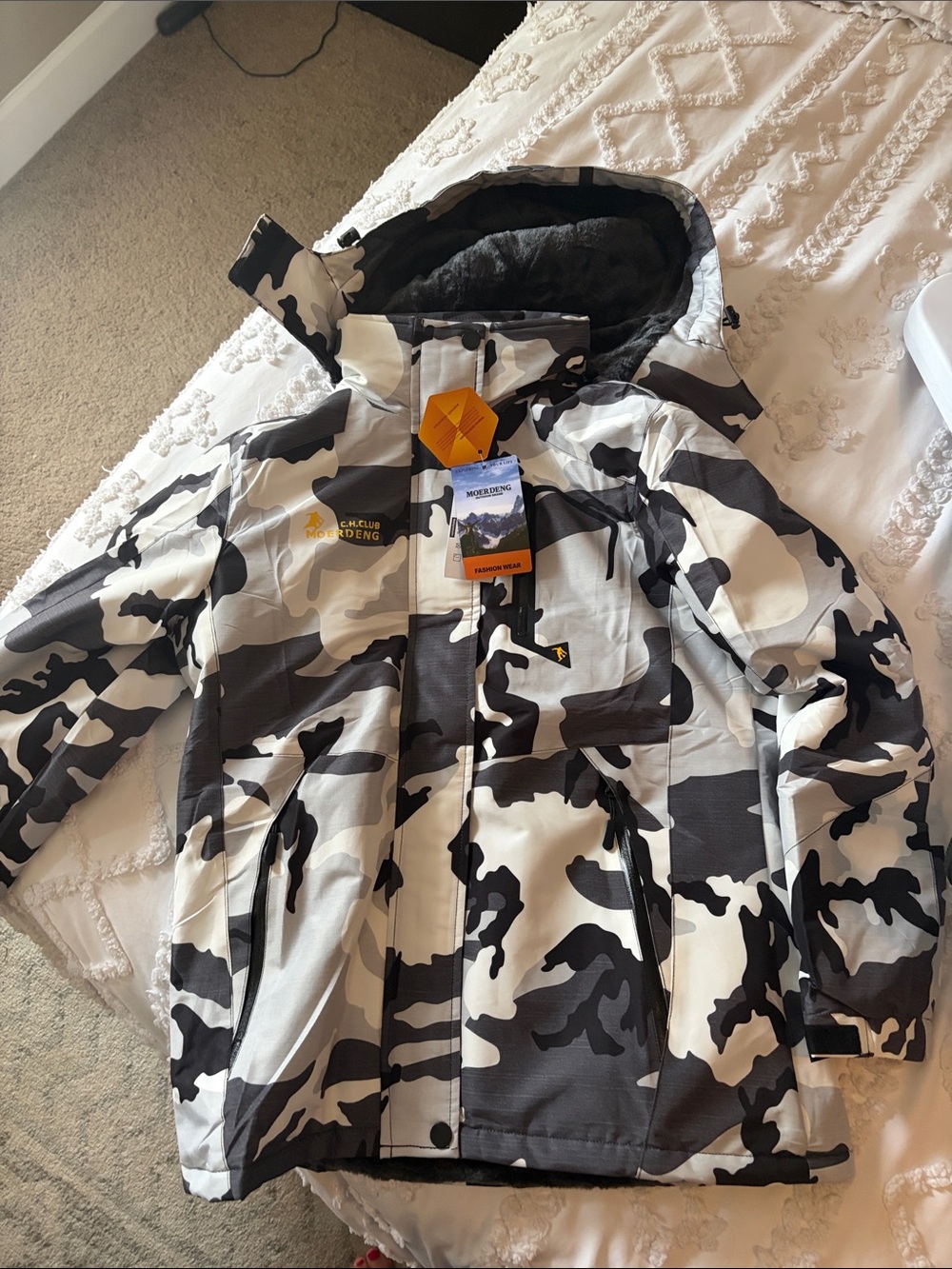 Insulated White & Black Camo Ski Jacket with Hood